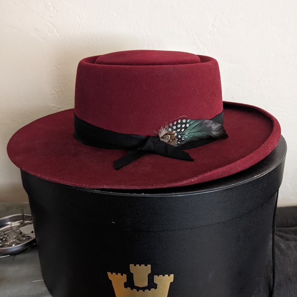 Burgundy Wide-Brim Hat with Feather Accent